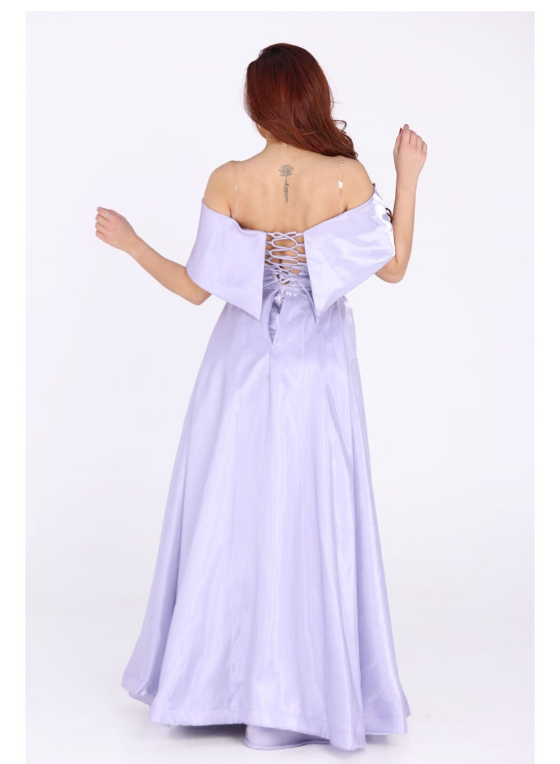 Modern Design distinctive evening dress with off-shoulder sleeves, an elegant dress in the form of a skirt, and a beautiful opening from the bottom, made of the most beautiful mikadoa material  - Image 3