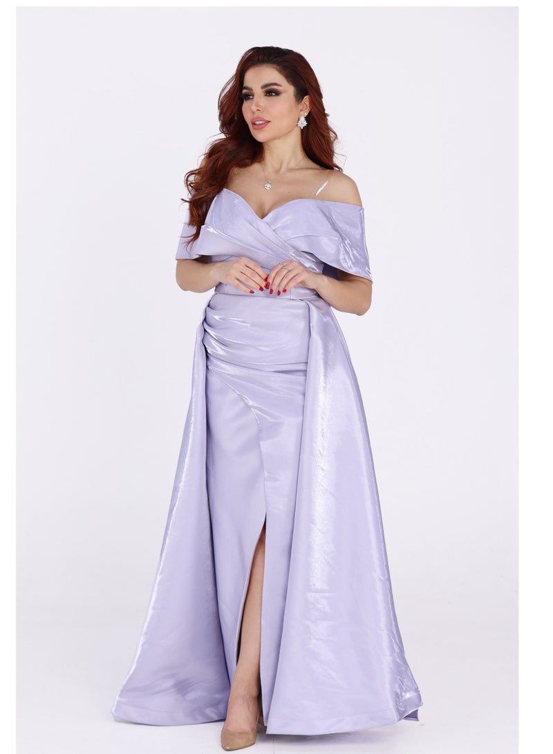 Modern Design distinctive evening dress with off-shoulder sleeves, an elegant dress in the form of a skirt, and a beautiful opening from the bottom, made of the most beautiful mikadoa material  - Image 2