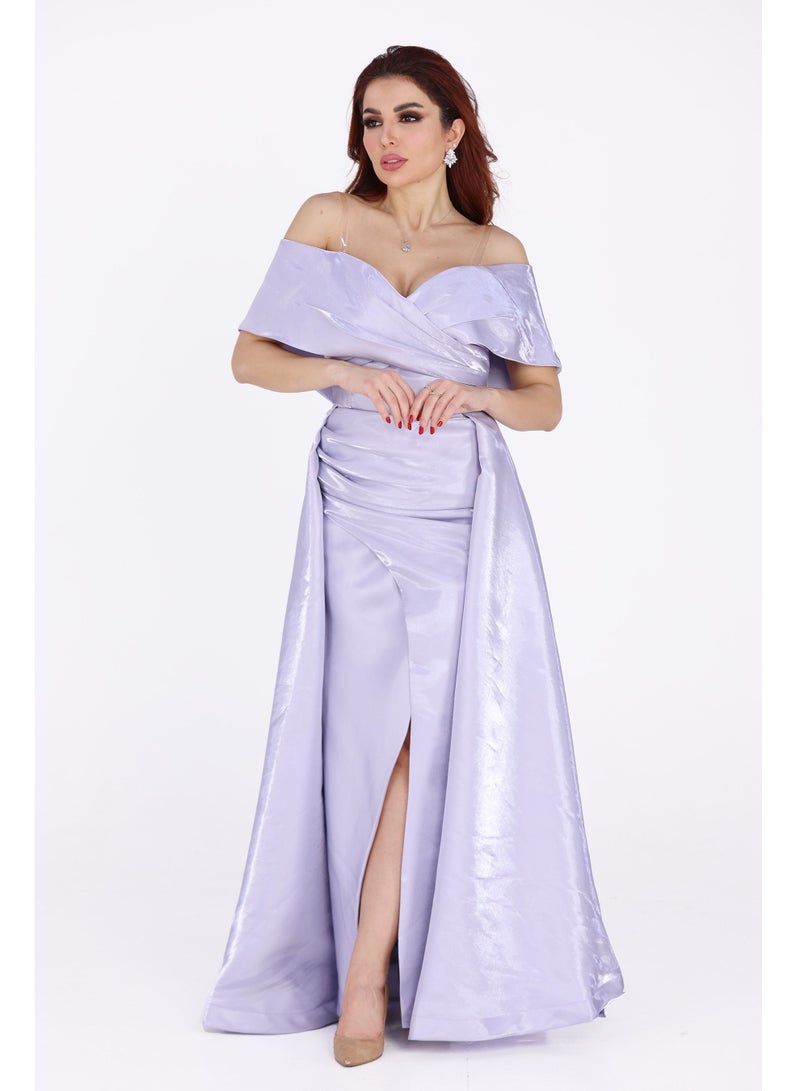 Modern Design distinctive evening dress with off-shoulder sleeves, an elegant dress in the form of a skirt, and a beautiful opening from the bottom, made of the most beautiful mikadoa material  - Image 1