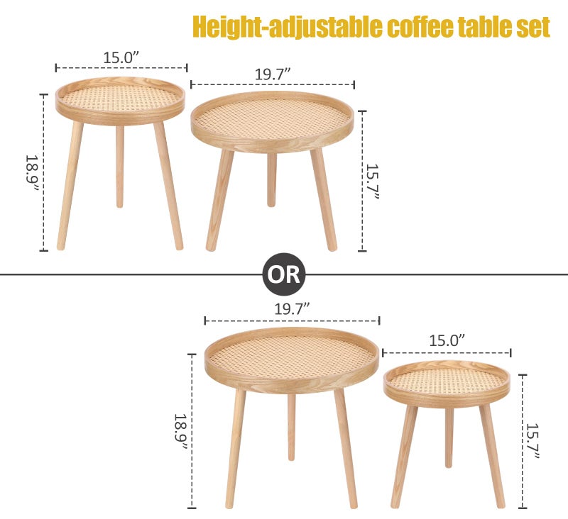 ZYBT Round Coffee Table Set of 2, Natural Boho Coffee Tables, Small Mid Century Modern Rattan Coffee Table, Boho Side Table End Tables for Living Room Bedroom Office - Image 3