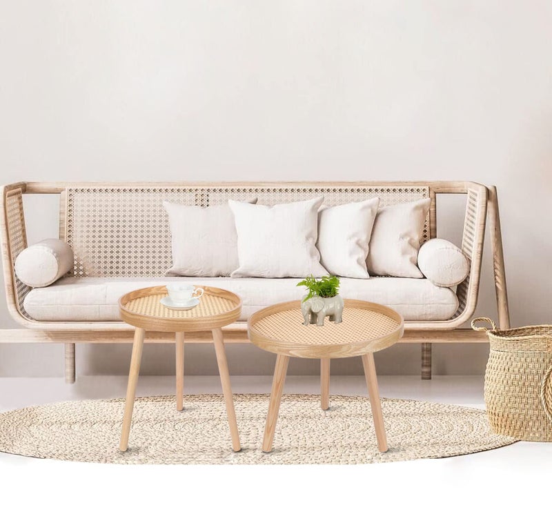 ZYBT Round Coffee Table Set of 2, Natural Boho Coffee Tables, Small Mid Century Modern Rattan Coffee Table, Boho Side Table End Tables for Living Room Bedroom Office - Image 2