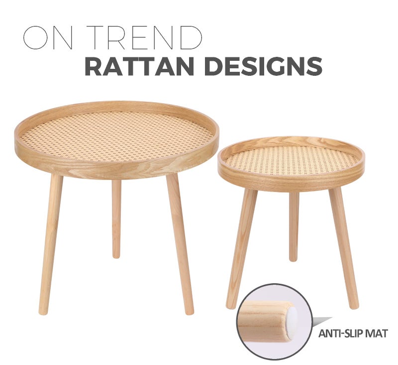 ZYBT Round Coffee Table Set of 2, Natural Boho Coffee Tables, Small Mid Century Modern Rattan Coffee Table, Boho Side Table End Tables for Living Room Bedroom Office - Image 4
