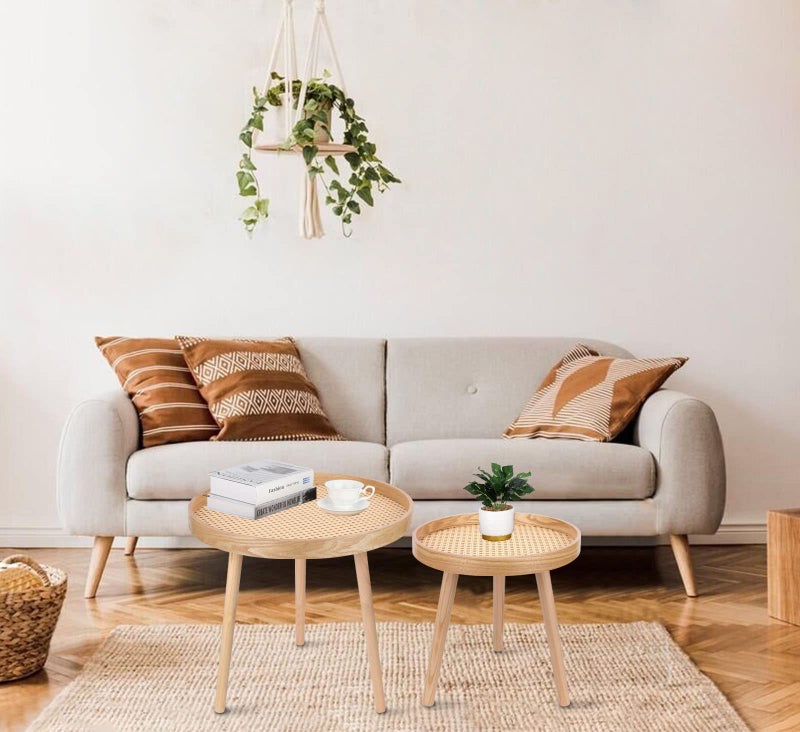ZYBT Round Coffee Table Set of 2, Natural Boho Coffee Tables, Small Mid Century Modern Rattan Coffee Table, Boho Side Table End Tables for Living Room Bedroom Office - Image 5