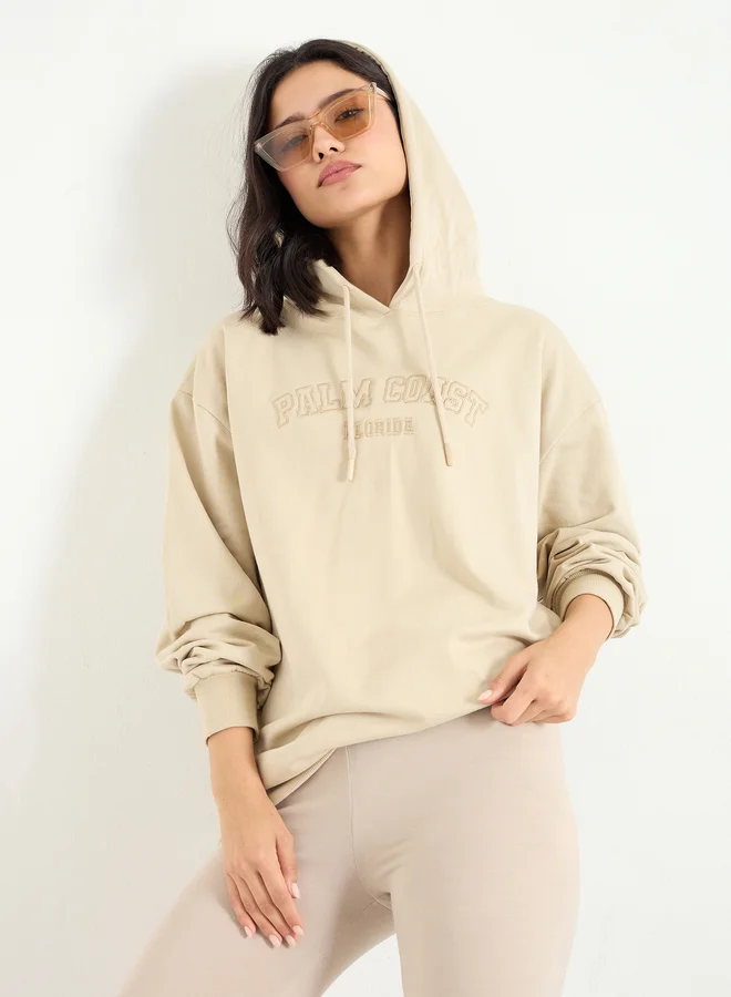 Styli Styli Beige Embroidered Longline Hoodie