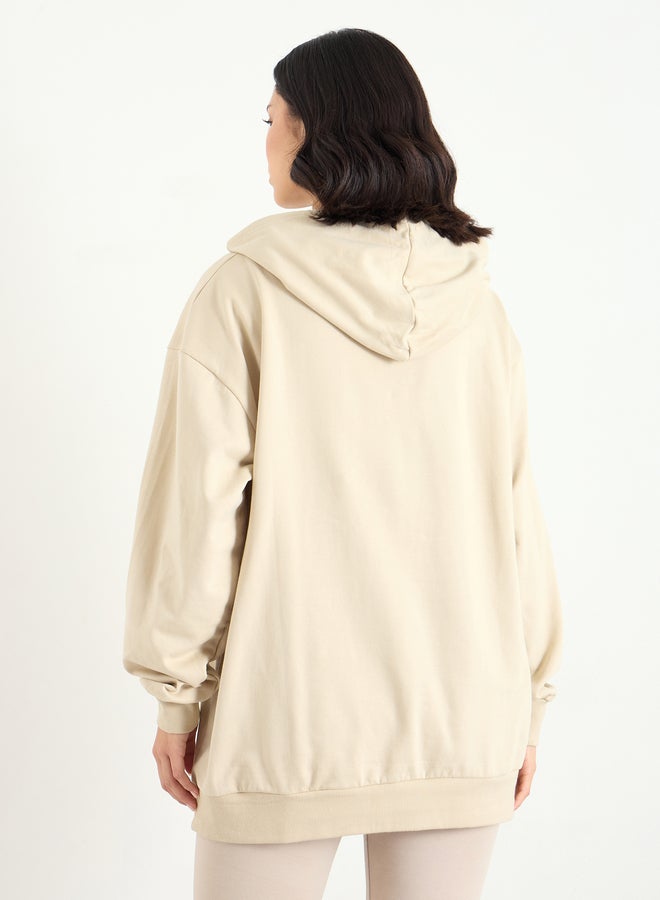 Styli Beige Embroidered Longline Hoodie - Image 5