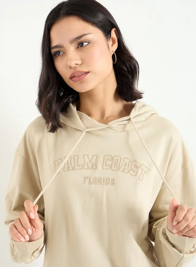 Styli Styli Beige Embroidered Longline Hoodie