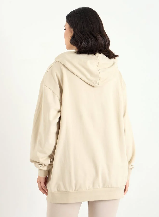 Styli Styli Beige Embroidered Longline Hoodie