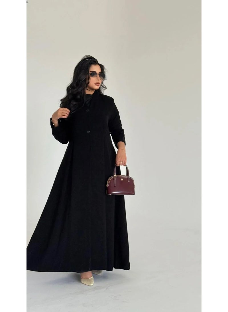عباية سدل نسائية، لون أسود سادة قماش ملكي، تصميم نص كلوش، مع طرحة ونقاب - Image 1
