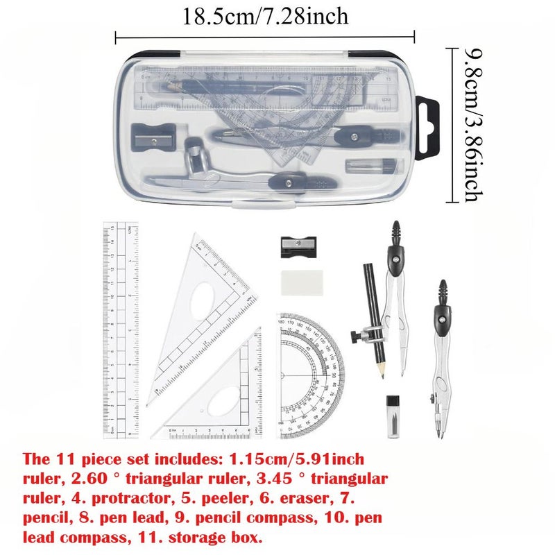 11 Pcs Navy Blue Math Geometry Kit Set Includes Rulers Protractor Compass Eraser Pencil Sharpener Lead Refills Pencil Shatterproof Storage Box Office Stationery For Drafting Drawing - Image 2