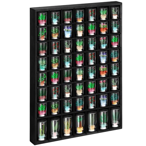 Barydat Barydat Shot Glass Display Case Wood Shot Glass shelf holder 56 Compartments Wallmounted Rustic Bar CabinetBlack1 Pcs 