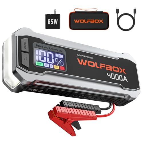 WOLFBOX 4000A Jump Starter,12V Car Battery Jump Starter with 65W Quick Charger,LED Display,24000mAh Portable Jump Starter Battery Pack(10L Gas 10L Diesel Engine) with Booster,LED Light,Jumper Cables - Image 1