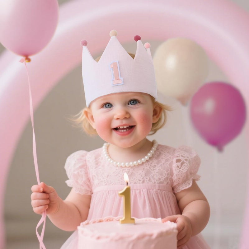 HODIHIWI Muslin Crown Hat First Birthday For Baby Girl Party Decoration 1st Pink Headband - Image 2