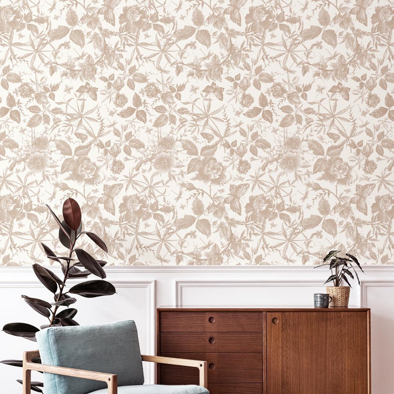 JiffDiff Vintage Peel and Stick Wall Stickï¼ŒChampagne Wallpaper Rose Removable Vinyl Wall Paper Sketch Floral Decor for Living Room, Nursery, Wedding 15.75in x 118in - Image 1