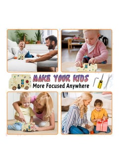 Generic 3-in-1 Busy Board with LED Light, Montessori Screwdriver Mini Set, Fire truck Fine Motor Skills Toys, Car Wooden, ons to Push Wooden Square Circuit  - Image 3