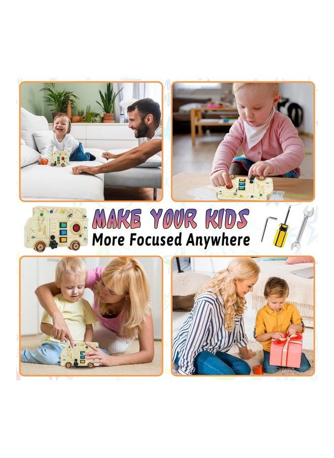 3-in-1 Busy Board with LED Light, Montessori Screwdriver Mini Set, Fire truck Fine Motor Skills Toys, Car Wooden, ons to Push Wooden Square Circuit  - Image 3