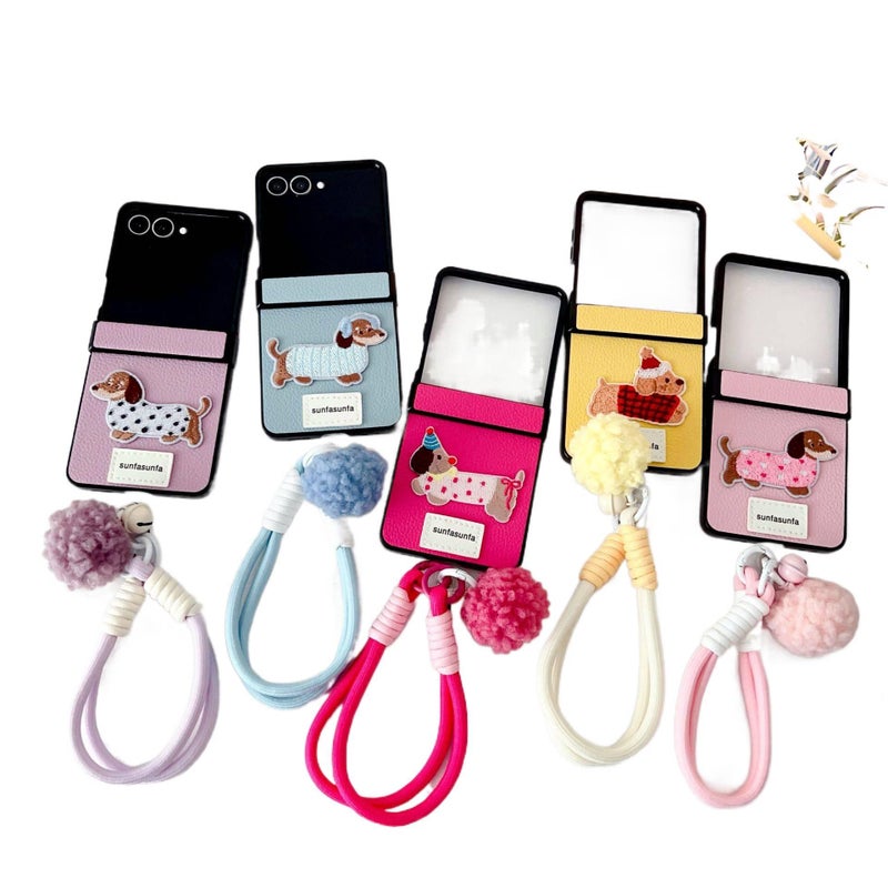 غطاء واقي | لـ Samsung Galaxy Z Flip 5 | أصفر | نقش كلب ألماني | حزام معصم - Image 2