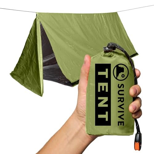 SURVIVE Survival Tent with Doors 2 Person Mylar Emergency Camping Hiking Shelter for Survival Kits All Weather Thermal Protection Includes 22 ft of Paracord and Whistle Green - Image 1