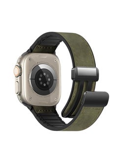 TenTech Leather Watch Band for Apple Watch Ultra/Ultra 2, Size 49mm 45mm 44mm 42, Genuine Leather Band with Magnetic Clasp for iWatch Series 9/8/7/6/5/4/3/2/1/ SE – Army Green