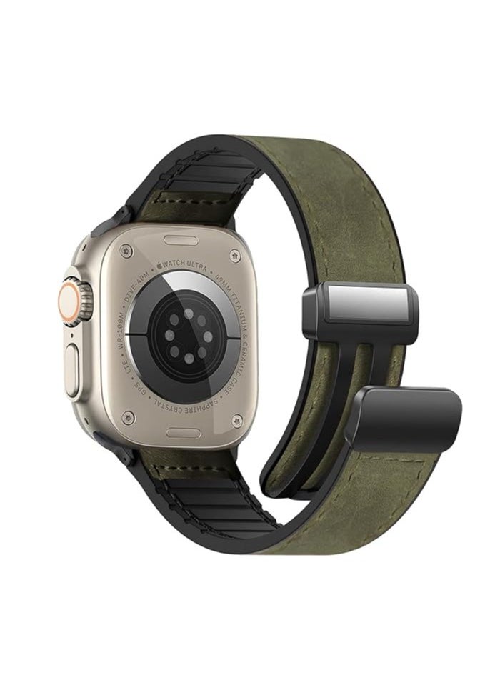 ten.tech - TenTech Leather Watch Band for Apple Watch Ultra/Ultra 2, Size 49mm 45mm 44mm 42, Genuine Leather Band with Magnetic Clasp for iWatch Series 9/8/7/6/5/4/3/2/1/ SE – Army Green - Image 1