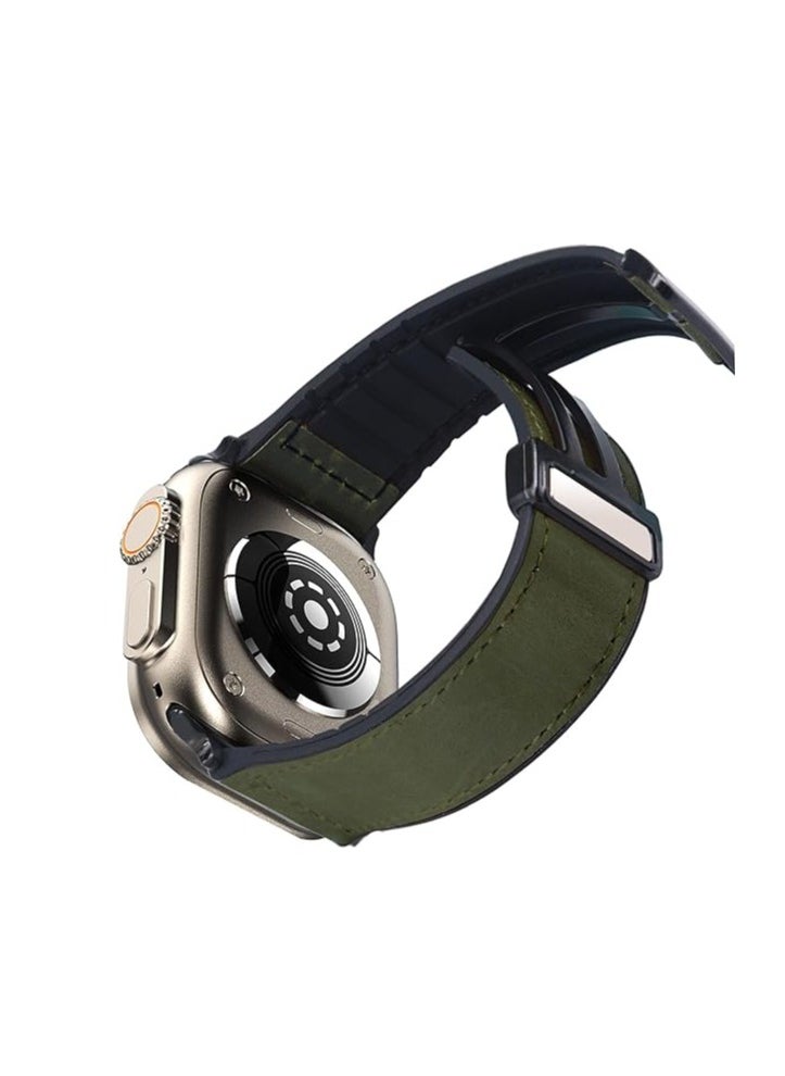 ten.tech - TenTech Leather Watch Band for Apple Watch Ultra/Ultra 2, Size 49mm 45mm 44mm 42, Genuine Leather Band with Magnetic Clasp for iWatch Series 9/8/7/6/5/4/3/2/1/ SE – Army Green - Image 1
