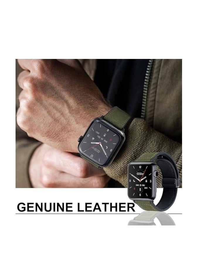 ten.tech - TenTech Leather Watch Band for Apple Watch Ultra/Ultra 2, Size 49mm 45mm 44mm 42, Genuine Leather Band with Magnetic Clasp for iWatch Series 9/8/7/6/5/4/3/2/1/ SE – Army Green - Image 1