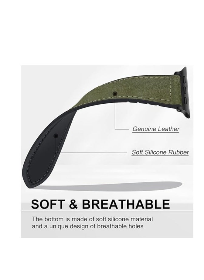 ten.tech - TenTech Leather Watch Band for Apple Watch Ultra/Ultra 2, Size 49mm 45mm 44mm 42, Genuine Leather Band with Magnetic Clasp for iWatch Series 9/8/7/6/5/4/3/2/1/ SE – Army Green - Image 1