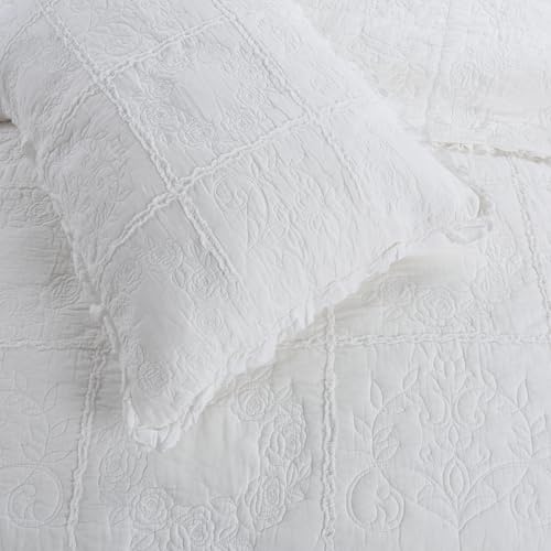 DURLENGEN White Rose Patchwork 100% Cotton King Quilt 3Pcs,White Patchwork with Rose Pattern,Luxury Lightweight Cotton Coverlet Sets for All Season(King 106x96,White Rose Patchwork) - Image 5