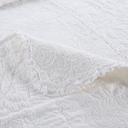 DURLENGEN White Rose Patchwork 100% Cotton King Quilt 3Pcs,White Patchwork with Rose Pattern,Luxury Lightweight Cotton Coverlet Sets for All Season(King 106x96,White Rose Patchwork) - Image 4