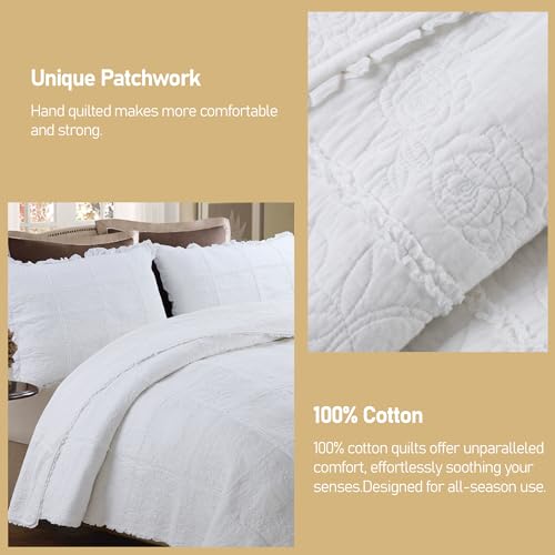 DURLENGEN White Rose Patchwork 100% Cotton King Quilt 3Pcs,White Patchwork with Rose Pattern,Luxury Lightweight Cotton Coverlet Sets for All Season(King 106x96,White Rose Patchwork) - Image 2