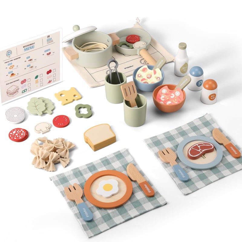 Pithfor Wooden Play Cooking Set, Pretend Play Kitchen Accessories Toys Set for Kids Toddlers, Including Play Dishes, Pot and Pan, Utensils, Gifts for 3 4 5 Years Old Girls Boys - Image 1