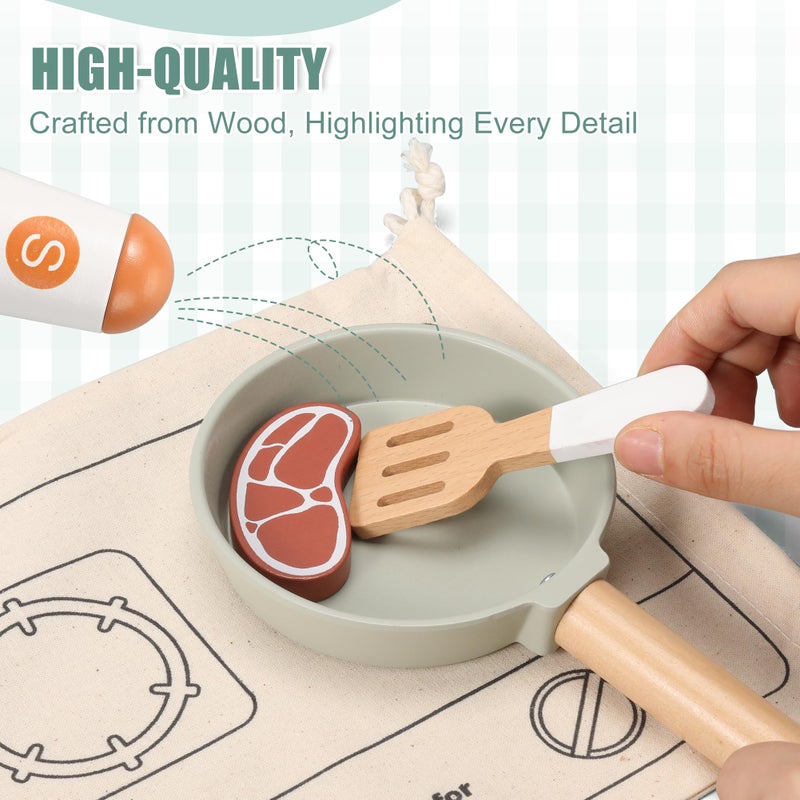 Pithfor Wooden Play Cooking Set, Pretend Play Kitchen Accessories Toys Set for Kids Toddlers, Including Play Dishes, Pot and Pan, Utensils, Gifts for 3 4 5 Years Old Girls Boys - Image 2