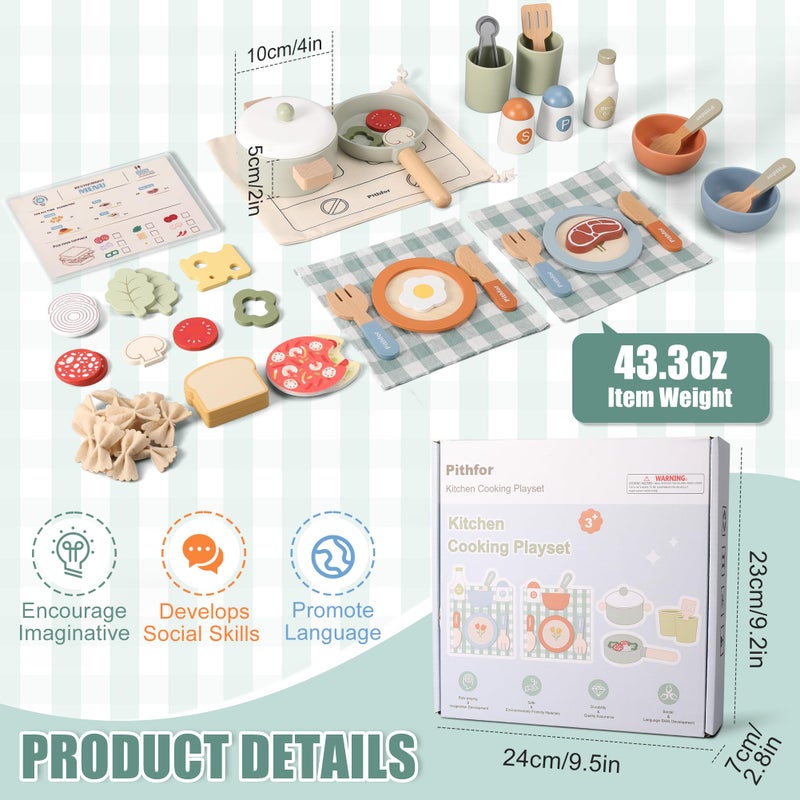 Pithfor Wooden Play Cooking Set, Pretend Play Kitchen Accessories Toys Set for Kids Toddlers, Including Play Dishes, Pot and Pan, Utensils, Gifts for 3 4 5 Years Old Girls Boys - Image 3