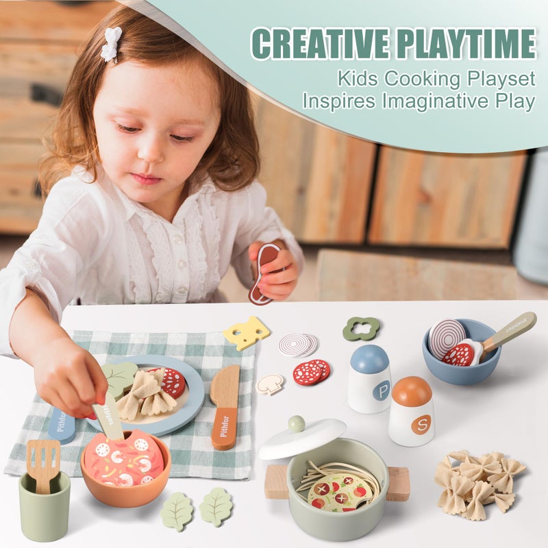 Pithfor Wooden Play Cooking Set, Pretend Play Kitchen Accessories Toys Set for Kids Toddlers, Including Play Dishes, Pot and Pan, Utensils, Gifts for 3 4 5 Years Old Girls Boys - Image 5