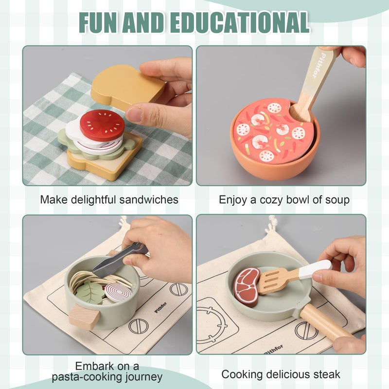 Pithfor Wooden Play Cooking Set, Pretend Play Kitchen Accessories Toys Set for Kids Toddlers, Including Play Dishes, Pot and Pan, Utensils, Gifts for 3 4 5 Years Old Girls Boys - Image 4