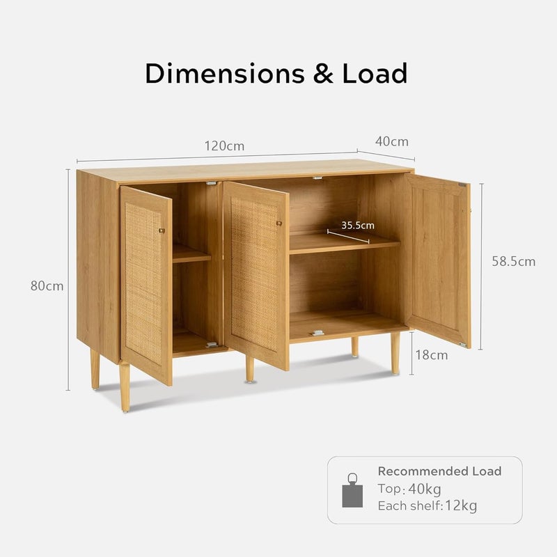 Rattan Storage Cabinet with 3 Doors – Boho Farmhouse Sideboard Buffet Cabinet, Solid Wood Credenza with Adjustable Shelves for Living Room, Kitchen, Entryway, Hallway (Natural Oak) - Image 2