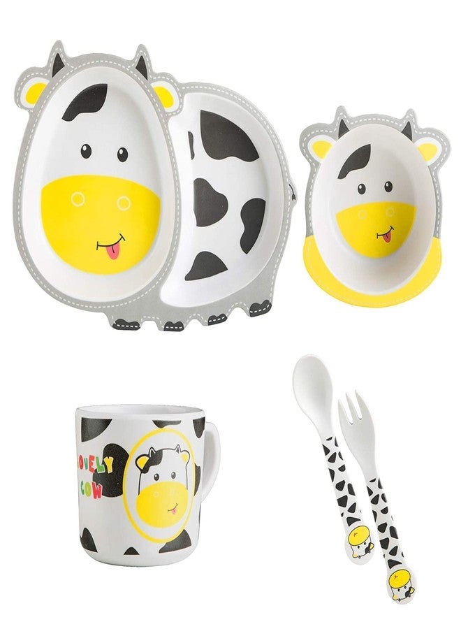 Funspark 5 Piece Mealtime Bamboo Dinnerware for Baby Kids-Toddler, Set of Plate-Bowl Cup and Spoon-Baby Feeding Utensils for Kid, Great Gift for Birthday Bird (Cow Small) - Image 1