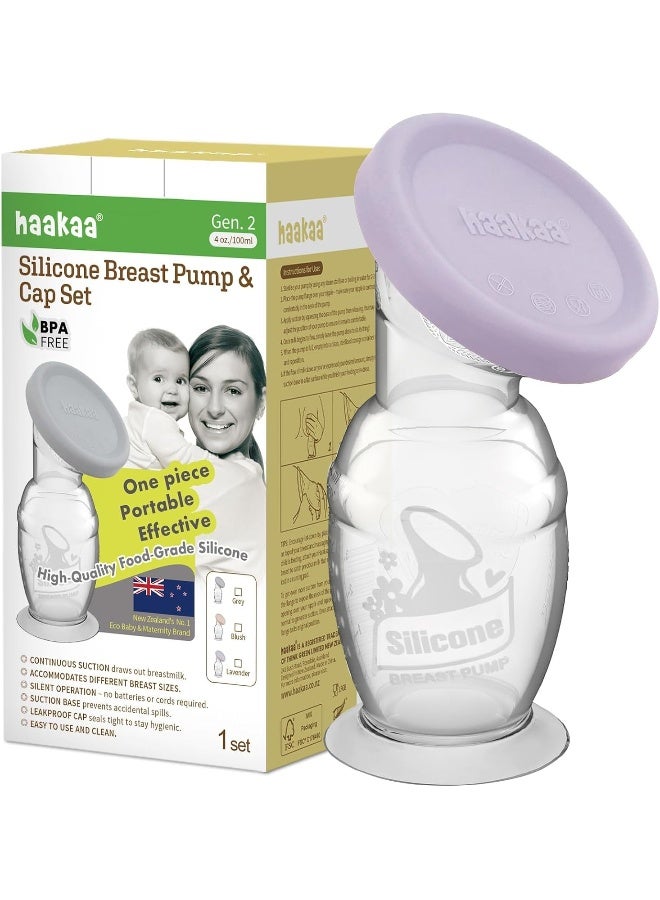 haakaa مضخة الثدي اليدوية هاكّا مع قاعدة 4 أونصات/100 مل + غطاء (لافندر)، الجيل 2 - Image 1