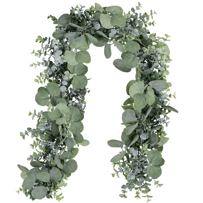 Winlyn 5.9' Long Faux Silver Dollar Eucalyptus Leaves Greenery Artificial Garland in Grey Green for Wedding Arch Swag Backdrop Doorways Table Runner Indoor Outdoor - Image 1