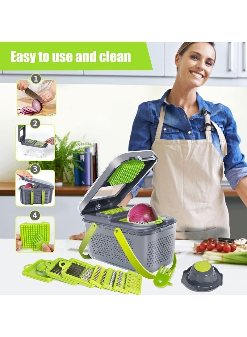قطاعة خضروات قطاعة خضار مندولين مطورة 22 في 1 مع 13 شفرة من الستانلس ستيل، قطاعة قابلة للتعديل، قطاعة خضروات مع رف تصريف وحاوية تخزين، اداة مطبخ - Image 2
