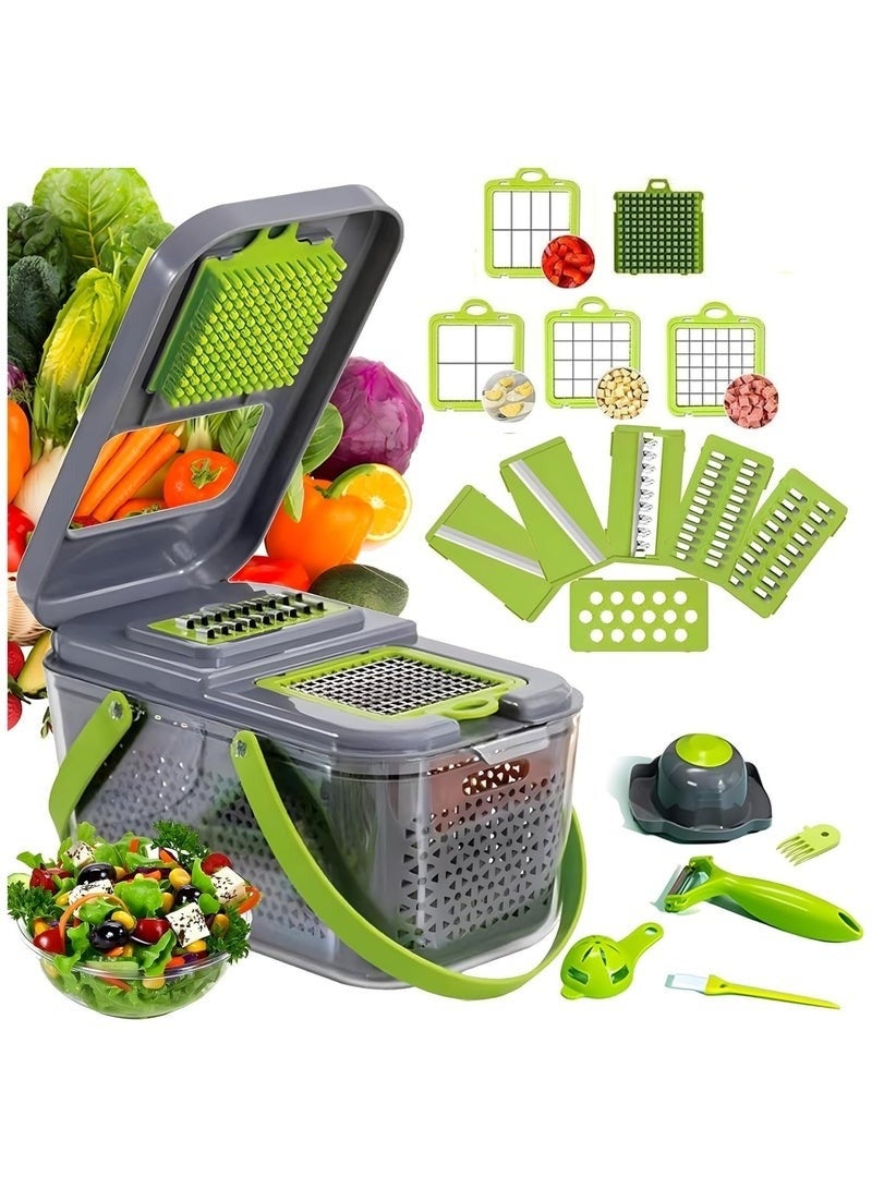 قطاعة خضروات قطاعة خضار مندولين مطورة 22 في 1 مع 13 شفرة من الستانلس ستيل، قطاعة قابلة للتعديل، قطاعة خضروات مع رف تصريف وحاوية تخزين، اداة مطبخ - Image 1