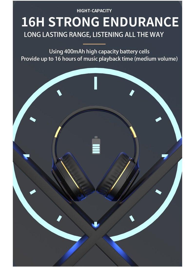 H6 Wireless Headphones Over-the-earActive noise reduction 3D Surround Shock Bass HIFI Stereo Headphones,Wireless Wired Dual Mode Bluetooth 5.3,Foldable Game headset with light changes,with Mic(Black）