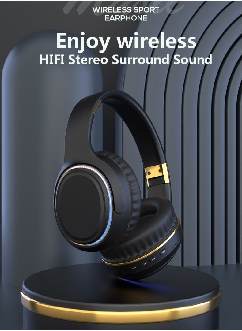 H6 Wireless Headphones Over-the-earActive noise reduction 3D Surround Shock Bass HIFI Stereo Headphones,Wireless Wired Dual Mode Bluetooth 5.3,Foldable Game headset with light changes,with Mic(Black）