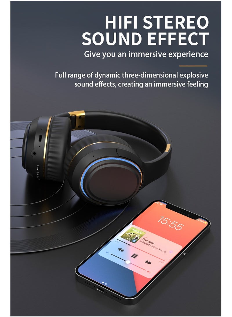 H6 Wireless Headphones Over-the-earActive noise reduction 3D Surround Shock Bass HIFI Stereo Headphones,Wireless Wired Dual Mode Bluetooth 5.3,Foldable Game headset with light changes,with Mic(Black）