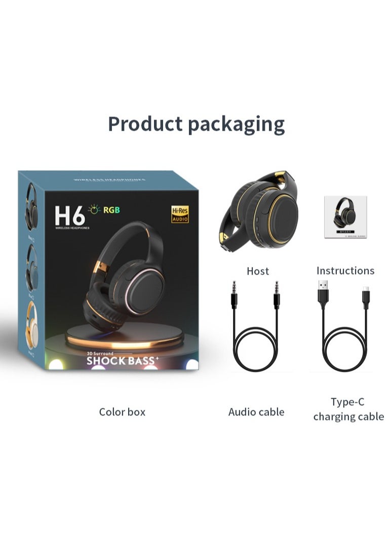 H6 Wireless Headphones Over-the-earActive noise reduction 3D Surround Shock Bass HIFI Stereo Headphones,Wireless Wired Dual Mode Bluetooth 5.3,Foldable Game headset with light changes,with Mic(Black）