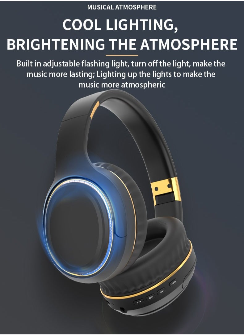 H6 Wireless Headphones Over-the-earActive noise reduction 3D Surround Shock Bass HIFI Stereo Headphones,Wireless Wired Dual Mode Bluetooth 5.3,Foldable Game headset with light changes,with Mic(Black）