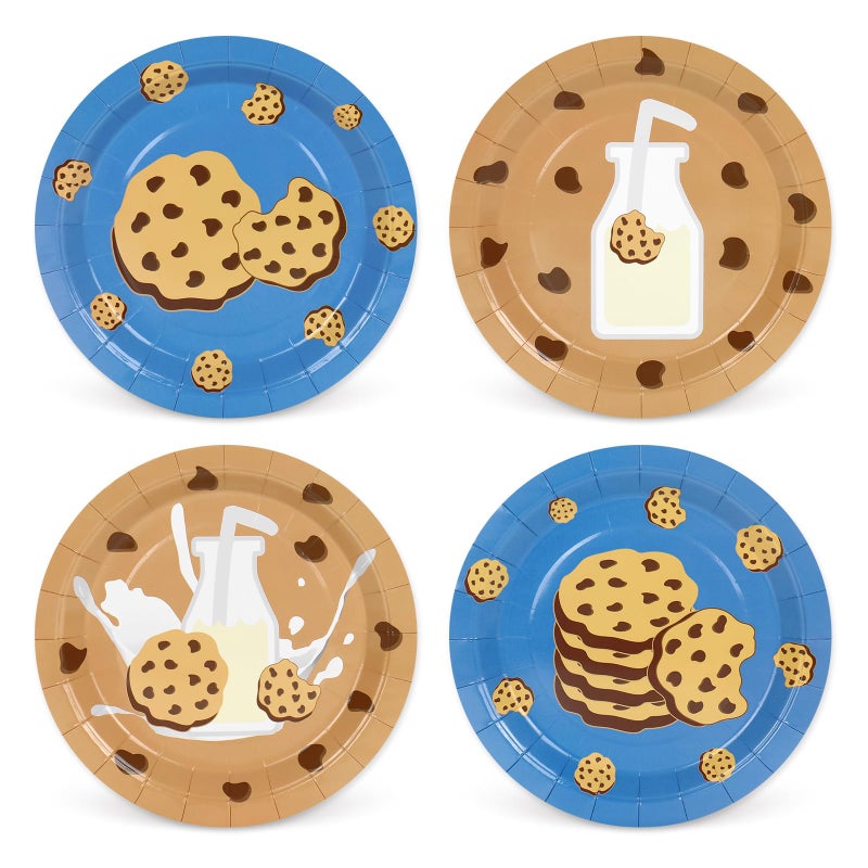 Whaline 40Pcs Milk and Cookie Birthday Plate Chocolate Chip Cookie Disposable Paper Plate Blue Brown Dinnerware Plates 9 Inch for Baby Shower Party Supplies Table Decor