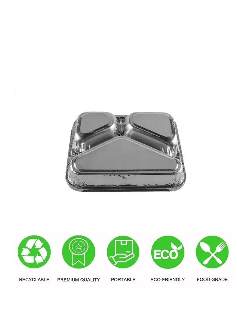 صينية ألومنيوم مقسمة 3 خانات | حافظة طعام للاستعمال مرة واحدة – مناسبة للغداء، العزومات، والرحلات (50 قطعه) - Image 2