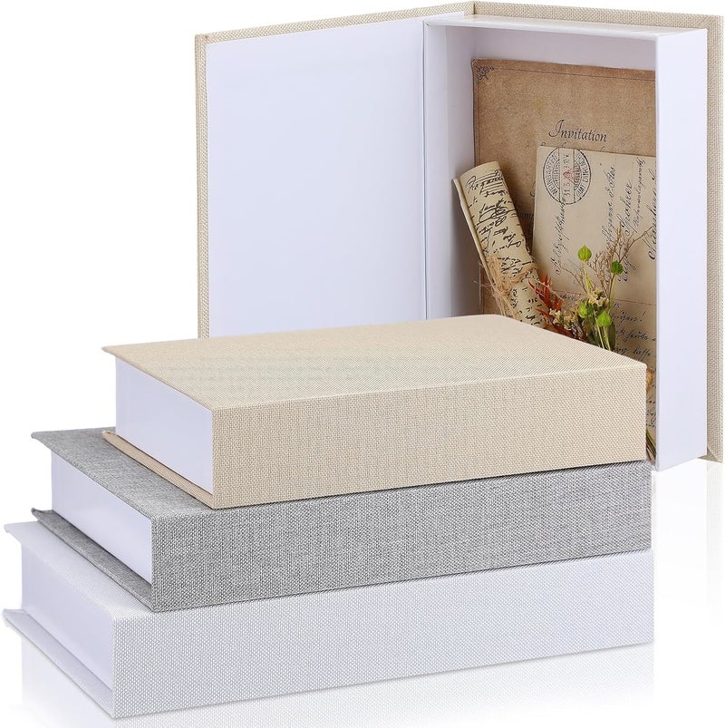 Tioncy 3 Pcs Fake Book Box Neutral Linen Book Box Decorative Faux Prop Storage for Farmhouse Home Decor shelf Table Card Photo DIY Keepsake Gift(Multi Sizes,Rice White, Light Grey and White) - Image 1