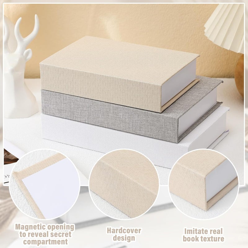 Tioncy 3 Pcs Fake Book Box Neutral Linen Book Box Decorative Faux Prop Storage for Farmhouse Home Decor shelf Table Card Photo DIY Keepsake Gift(Multi Sizes,Rice White, Light Grey and White) - Image 3