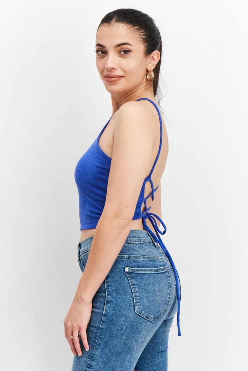 Sinsay Women Halted Neck Sleeveless Tie Detail Crop Top, Blue - Image 4